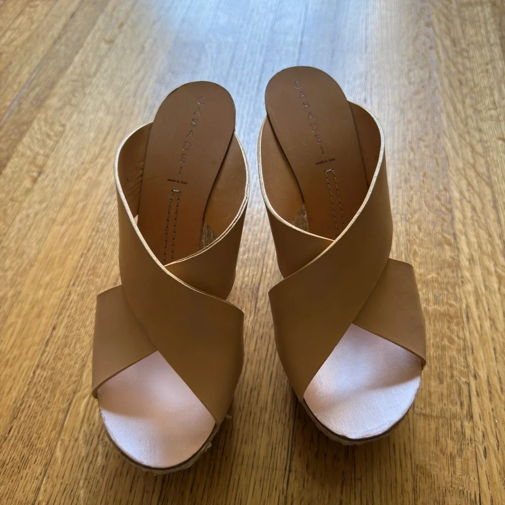 Casadei Tan Leather Crisscross Espadrille Platform Wedge Sandals Made in Italy 9